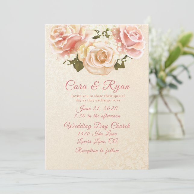 Convites Rosas Cor-de-Rosa Românticas Elegante Casamento (Em pé/Frente)