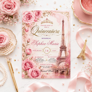 Convites Rosas Cor-de-Rosa Vintage Torre Eiffel Quinceañera
