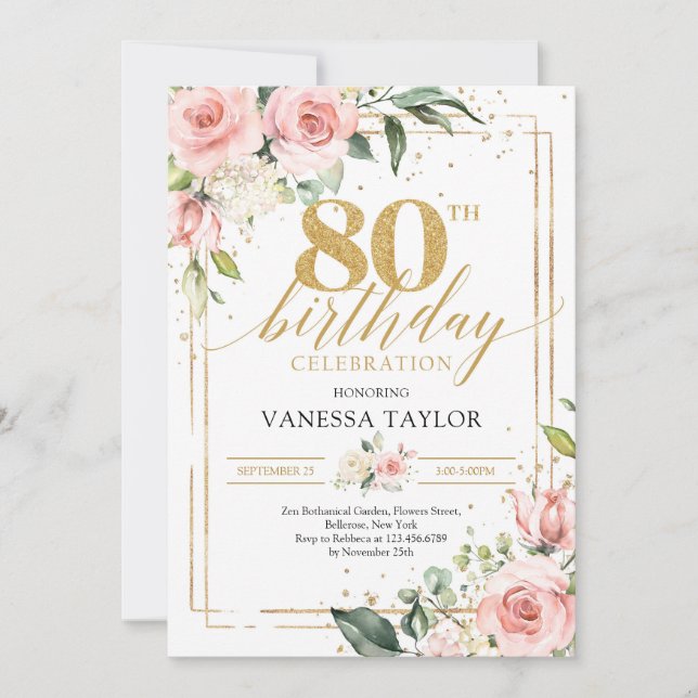 Convites Rosas coradas boho flores eucalipto 80º Aniversári (Frente)