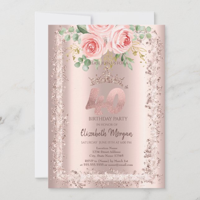 Convites Rosas, Coroa com Moldura de Brilho Dourado Rosa pa (Frente)