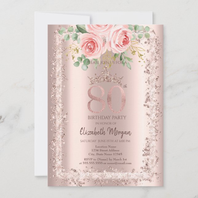 Convites Rosas, Coroa com Moldura de Brilho Dourado Rosa pa (Frente)