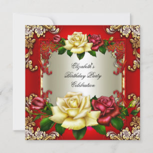 Convites Rosas Creme Vermelho Dourado Festa de Aniversário 