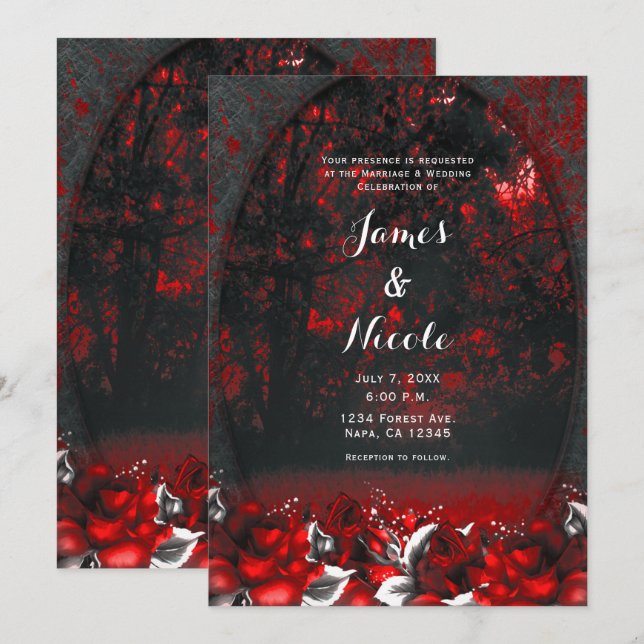 Convites Rosas da Floresta Vermelha e Preta Casamento Gótic (Frente/Verso)