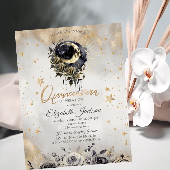 Convites Rosas da Lua Celestial Estrelas Quinceanera (Criador carregado)