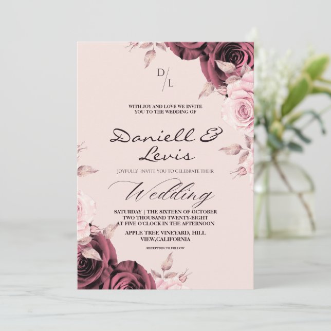 Convites Rosas da Primavera ⎮ Casamento Rosa Empoeirado  (Em pé/Frente)