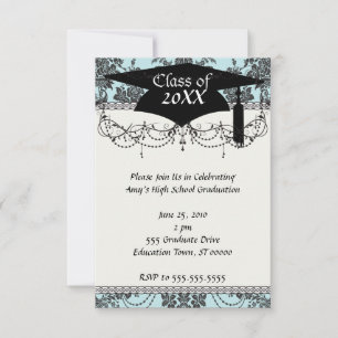 Convites rosas damask graduação azul-claro e preto