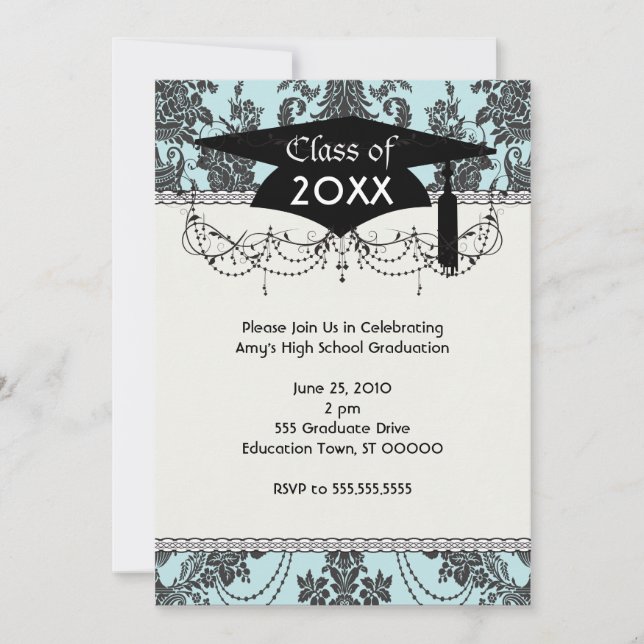 Convites rosas damask graduação azul-claro e preto (Frente)
