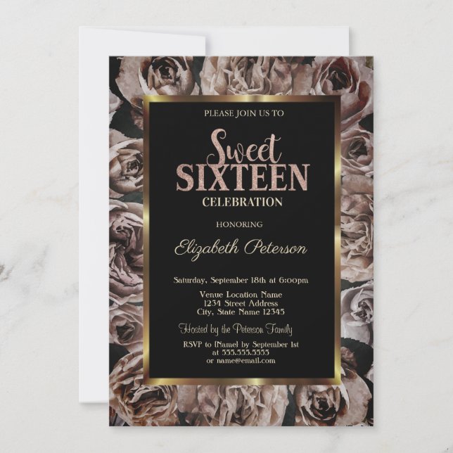 Convites Rosas Dark Elegantes Preto Sweet 16 (Frente)
