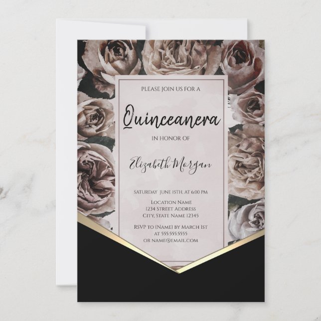 Convites Rosas Dark Elegantes Quinceanera (Frente)