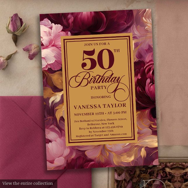 Convites Rosas de 50 anos de ouro romáticos bordados (Romantic burgundy blush gold roses 50th birthday card

)