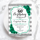 Convites Rosas de 60º Aniversário do Green Silver White Str<br><div class="desc">60º Convite de aniversário. Elegante design verde esmeralda floral com rosas. Funciona com linhas cintilantes prateadas e brancas e letra de script. Perfeito para uma comemoração de dia das mulheres na moda. Pode ser personalizado para qualquer idade! Impressos convites Zazzle ou modelo de impressão digital instantânea para download.</div>
