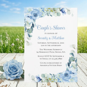 Convites Rosas de Aguarela Azul Floral Casamento de Casais 