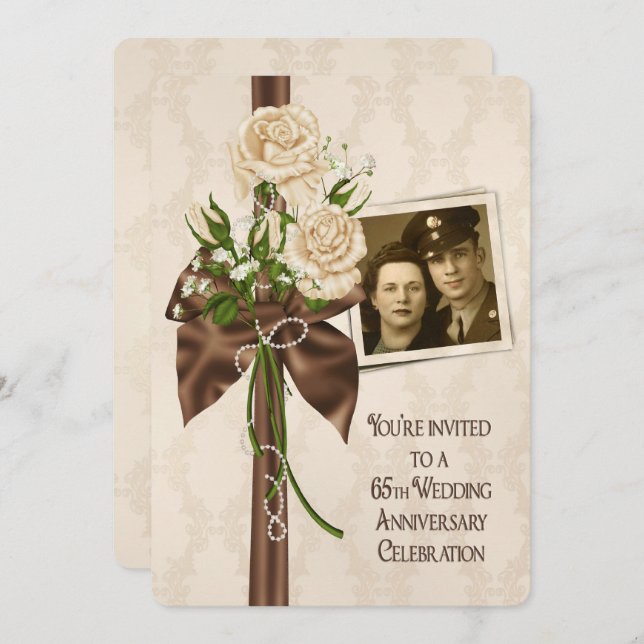 Convites Rosas de Aniversário de 65 Anos de Casamento (Frente/Verso)