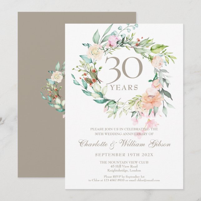 Convites Rosas de Aniversário de Casamento de Pérola dos 30 (Frente/Verso)