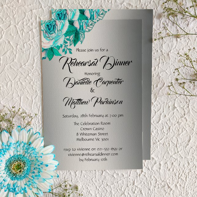 Convites Rosas de Aqua Shabby-Chic no ensaio de Casamento d (Criador carregado)