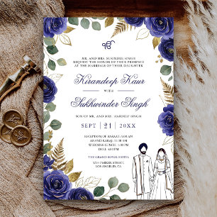 Convites Rosas de Aquarela Azul Real Floral Casamento Sikh