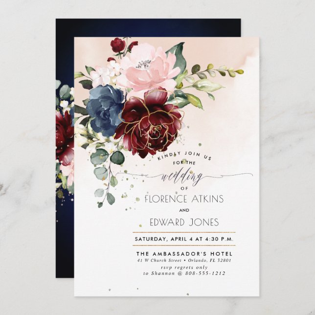 Convites Rosas de Aquarela do Marinho Burgundy (Frente/Verso)