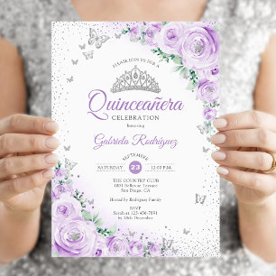 Convites Rosas de Aquarela Floral Roxo Quinceanera