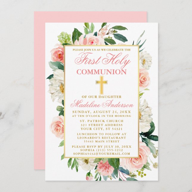 Convites Rosas de Aquarela Flores Rosa Dourada Primeira Com (Frente/Verso)