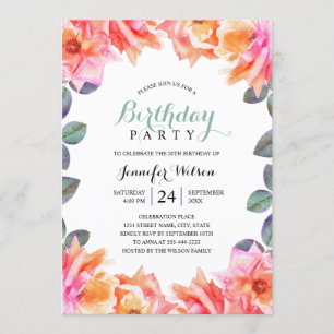 Convites rosas de Aquarela para Adultos Elegantes com Festa