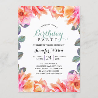 Convites rosas de Aquarela para Adultos Elegantes com Festa