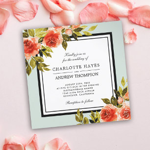 Convites Rosas de Aquarela Verde Quadrada Casamento Floral