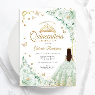 Convites Rosas de Aquarela Verde Sage, Dourada Quinceanera