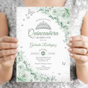Convites Rosas de Aquarela Verde Salvia Quinceanera