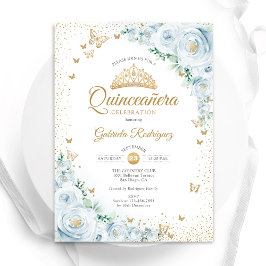 Convites Rosas de Aquarelas Baby Blue Quinceanera