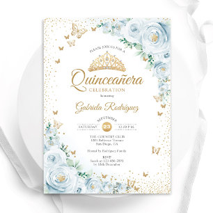 Convites Rosas de Aquarelas Baby Blue Quinceanera