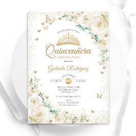 Convites Rosas de Aquarelas Cream Dourado Quinceanera Flora
