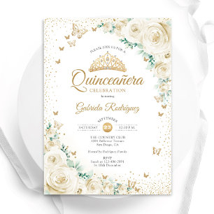 Convites Rosas de Aquarelas Cream Dourado Quinceanera Flora
