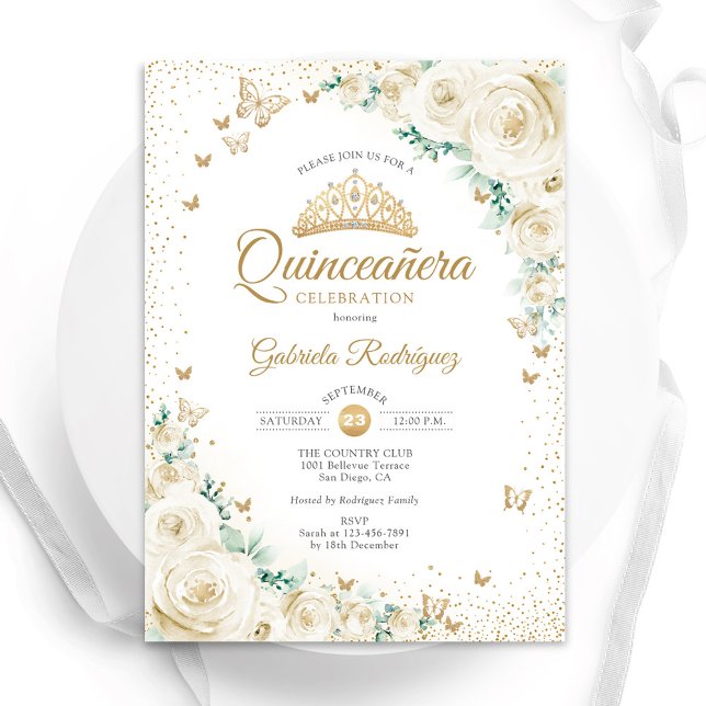 Convites Rosas de Aquarelas Cream Dourado Quinceanera Flora (Criador carregado)