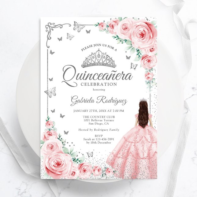 Convites Rosas de Aquarelas Florais Rosa Silver Quinceanera (Criador carregado)