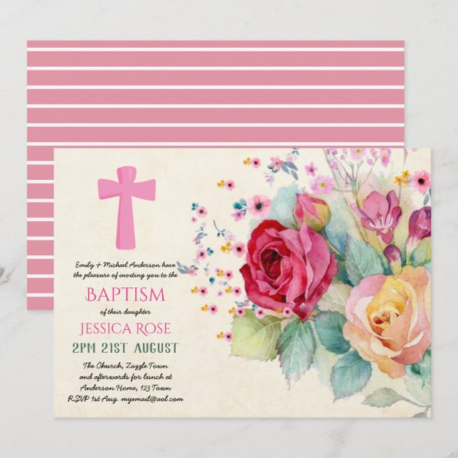 Convites Rosas De Aquarelas Raparigas BAPTISM, Mulheres Con (Frente/Verso)