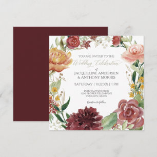 Convites Rosas de Blush Burgundy Floral de Casamento Floral