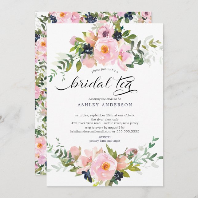 Convites Rosas de Blush e Peonies Chá de panela Chá de noiv (Frente/Verso)