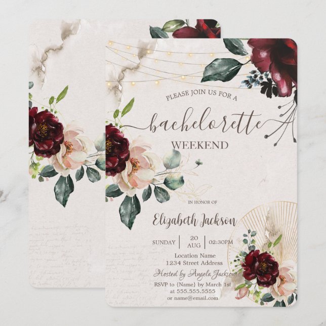 Convites Rosas de Borgonha,Vidro de Vinho,Festa de solteira (Frente/Verso)