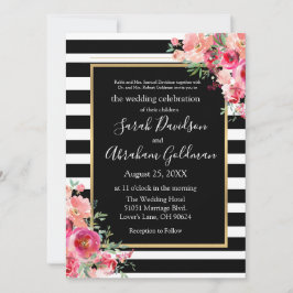 Convites Rosas de Casamento Judaico em Black and White Stri