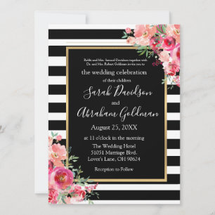 Convites Rosas de Casamento Judaico em Black and White Stri