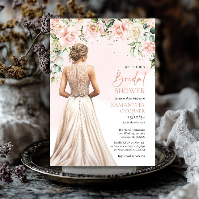 Convites Rosas de cor aquosa e ouro de eucalipto (Watercolor blush and cream roses eucalyptus gold bridal shower invitation)