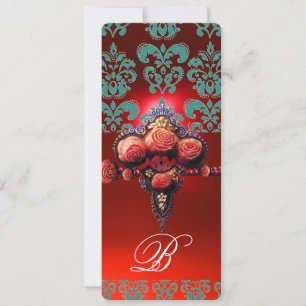 CONVITES ROSAS DE CORAL VERMELHO, MONOGRAMA DAMASCO PRETO A