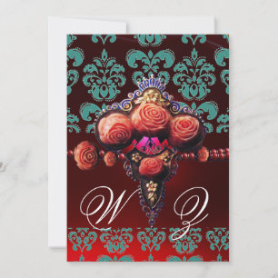 CONVITES ROSAS DE CORAL VERMELHO OURO, MONOGRAMA DAMASCO PR