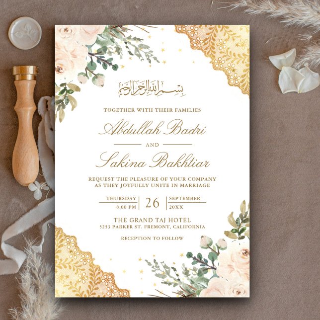 Convites Rosas de Creme Suave com Renda Dourada e Código QR (Criador carregado)