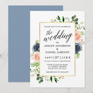 Convites Rosas de Dusty Blue Watercolor Casamento
