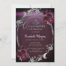 Convites Rosas de Enquadra Chic Silver Burgundy Quinceañera
