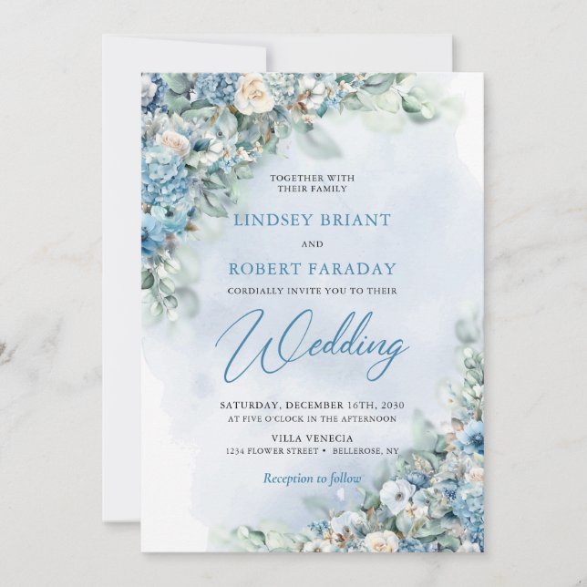 Convites Rosas de eucalipto, hidrangea azuis e creme (Frente)