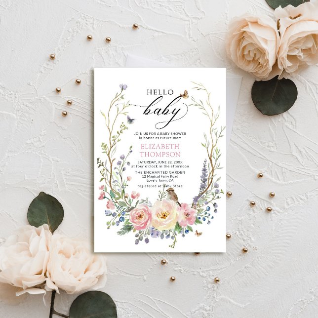 Convites Rosas de flores silvestres de jardim entalados Chá (enchanted garden baby shower invitation woodland forest bird butterfly spring summer whimsical roses)