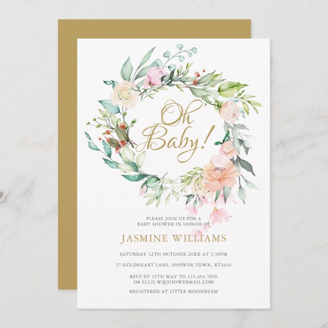 Convites Rosas de floresta Chá de fraldas de Garland / borr (Frente/Verso)