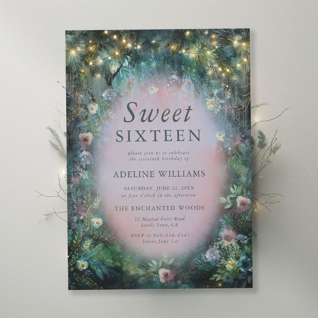 Convites Rosas De Florestas Encantadas Misty Pink Green Swe (enchanted forest sweet sixteen invite wild roses misty pink emerald green magical woodland fairytale)